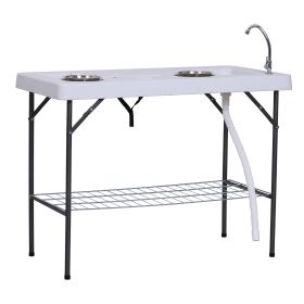 Outsunny Folding Fish Cleaning Table with Sink, Portable Camping Table with Faucet Drainage Hose, Grid Rack and Fish Cleaning Kit for Picnic, Fishing